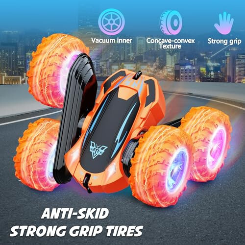 Remote Control Car, 2.4GHz Electric Race Stunt Car, Double Sided 360° Rolling Rotating Rotation, LED Headlights RC 4WD High Speed Off Road Gift for 3 4 5 6 7 8-12 Year Old Boy Toys (Orange) - 6