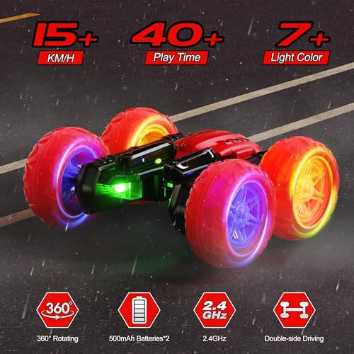 Remote Control Car RC Cars, 360°Rotating RC Race Car Toy with Headlight Wheel Light, 2.4Ghz Double-Side Roll 4WD Rock Crawler, Birthday Gifts for Boys Girls Age 3+ Year Old Kids Toys (Red) - 2