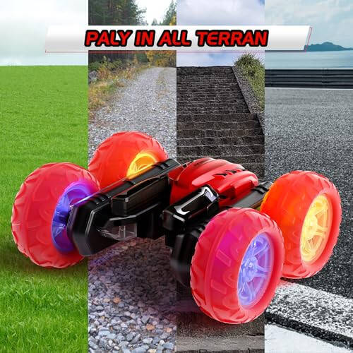 Remote Control Car RC Cars, 360°Rotating RC Race Car Toy with Headlight Wheel Light, 2.4Ghz Double-Side Roll 4WD Rock Crawler, Birthday Gifts for Boys Girls Age 3+ Year Old Kids Toys (Red) - 5