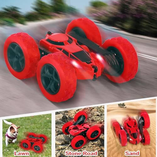 Remote Control Car Stunt RC Cars, 90 Min Playtime, 2.4Ghz Double Sided 360° Rotating RC Crawler with Headlights, 4WD Off Road Drift RC Race Car Toy for Boys and Girls Aged 6-12 Red - 4