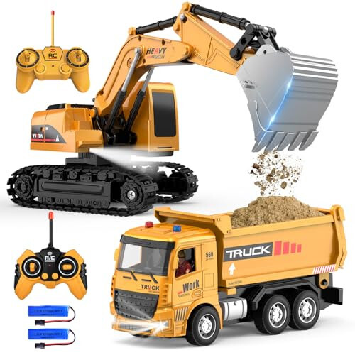 Remote Control Excavator and Dump Truck Toy Set - RC Construction Vehicles Toy with Barricades, Road Signs, Simulated Rocks, Lights and Sounds, Present for Toddlers 3-12 year Boys Girls - 1