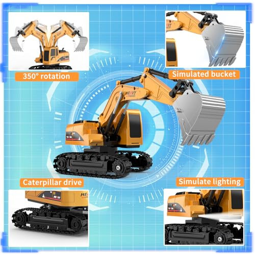 Remote Control Excavator and Dump Truck Toy Set - RC Construction Vehicles Toy with Barricades, Road Signs, Simulated Rocks, Lights and Sounds, Present for Toddlers 3-12 year Boys Girls - 6