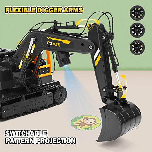 Remote Control Excavator Toys for Boys - 12 Channel Metal Shovel RC Excavator with Spray & LED Lights, RC Construction Vehicles with 2 Batteries, Gifts for Kids Boys Girls Age 3-5 4-7 8-12 Year Old - 4