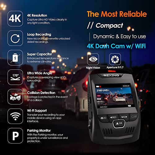 RexingUSA V1-4K Ultra HD GPS Araç Dash Cam Wi-Fi ile 2.4” LCD Ekran | 170° Geniş Açı Ön Panel Kamera Kaydedici G-Sensör | WDR | Döngü Kaydı | Süper Kapasitör | Mobil Uygulama | 256GB Destekli - 2