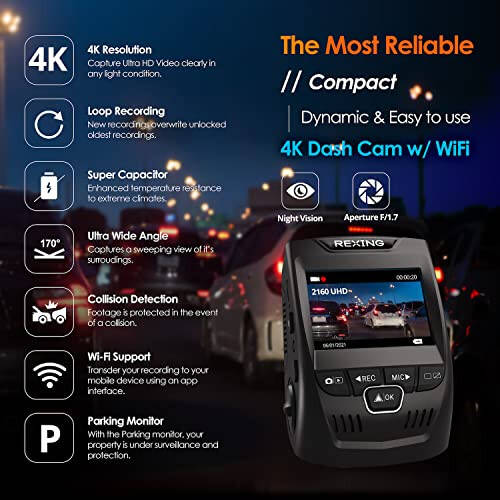 RexingUSA V1-4K Ultra HD GPS Araç Dash Cam Wi-Fi ile 2.4” LCD Ekran | 170° Geniş Açı Ön Panel Kamera Kaydedici G-Sensör | WDR | Döngü Kaydı | Süper Kapasitör | Mobil Uygulama | 256GB Destekli - 2