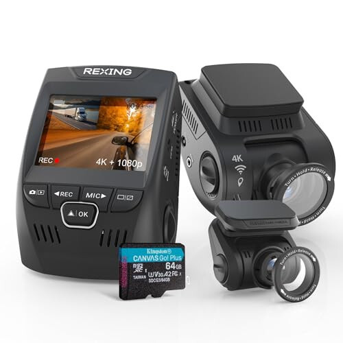 RexingUSA V1P SE 4K Çift Dash Cam GPS, Wi-Fi ve 2 Adet CPL Filtreyle | 512GB Destek | Ön 2160p, Arka 1080p | 170° Açı | G-Sensör | WDR | Döngü Kaydı | Park Sensörü | 64GB Bellek Kartı Dahil - 1