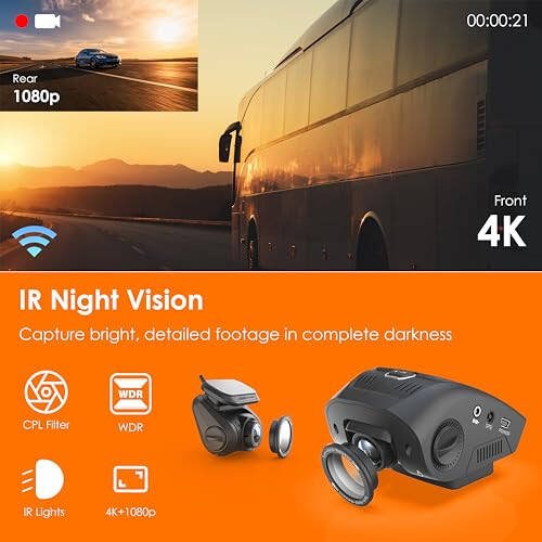 RexingUSA V1P SE 4K Çift Dash Cam GPS, Wi-Fi ve 2 Adet CPL Filtreyle | 512GB Destek | Ön 2160p, Arka 1080p | 170° Açı | G-Sensör | WDR | Döngü Kaydı | Park Sensörü | 64GB Bellek Kartı Dahil - 3