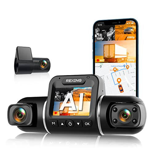 RexingUSA V2 PRO AI Dash Cam 3-Channel Front/Cabin/Rear 1080p Recording with Mobile App Night Vision Camera w/Front Collision Warning, Pedestrian Alert, Lane Departure Warning,Clear to Go Alert - 1