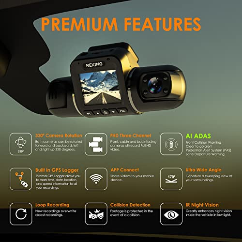 RexingUSA V2 PRO AI Dash Cam 3-Channel Front/Cabin/Rear 1080p Recording with Mobile App Night Vision Camera w/Front Collision Warning, Pedestrian Alert, Lane Departure Warning,Clear to Go Alert - 3