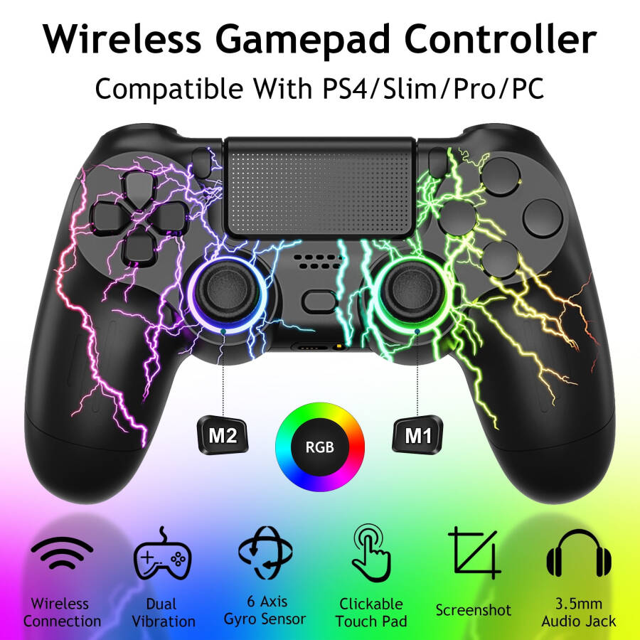 RGB Aydınlatmalı PS4 için Kablosuz Kumanda, PlayStation 4/PS4 Slim/PS4 Pro/PC ile Uyumlu Oyun Kumandası - 8