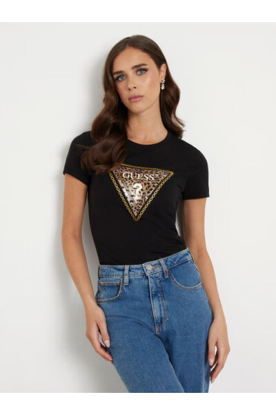 Rhinestone Üçgen Logo Esnek T-shirt - 1