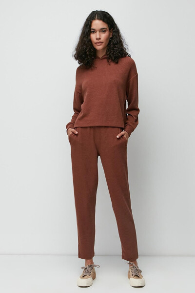 Ribbed Hooded Sweatshirt Pants Set 9131 Brown - 1