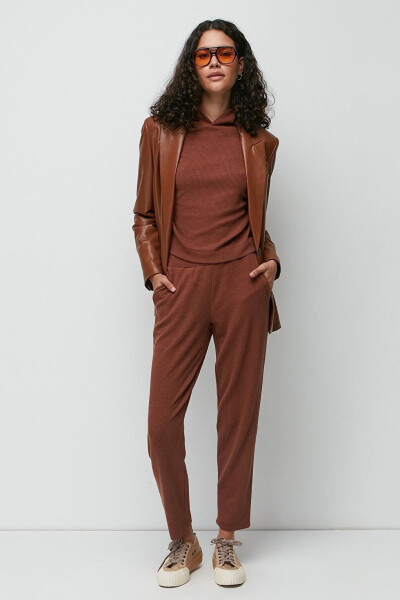 Ribbed Hooded Sweatshirt Pants Set 9131 Brown - 2