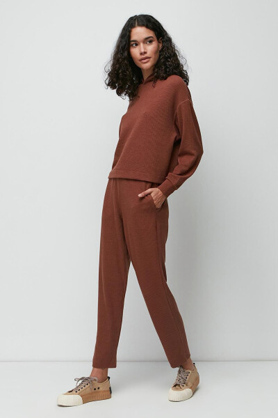 Ribbed Hooded Sweatshirt Pants Set 9131 Brown - 4