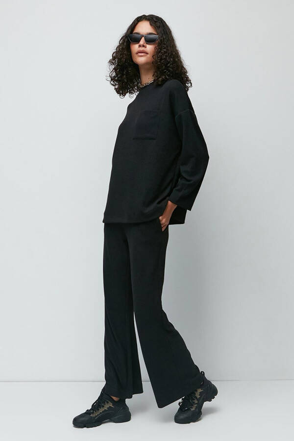 Ribbed Pocket T-Shirt and Wide Leg Trousers Set 9132 Black - 4