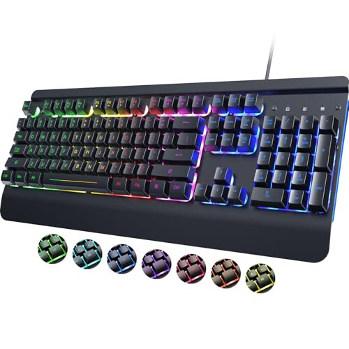 RisoPhy RGB Gaming Keyboard, 7 Single Color Backlits, 104 Keys Metal Panel Computer Keyboard,Silent Keys, Wrist Rest, Full Size Waterproof Light Up Wired Keyboard for PC Laptop Mac Gamer - 1