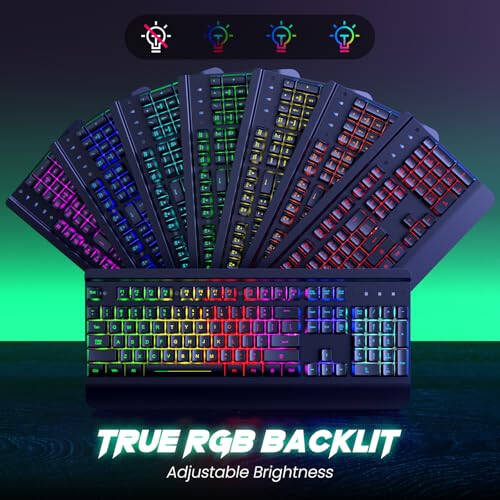 RisoPhy RGB Gaming Keyboard, 7 Single Color Backlits, 104 Keys Metal Panel Computer Keyboard,Silent Keys, Wrist Rest, Full Size Waterproof Light Up Wired Keyboard for PC Laptop Mac Gamer - 2