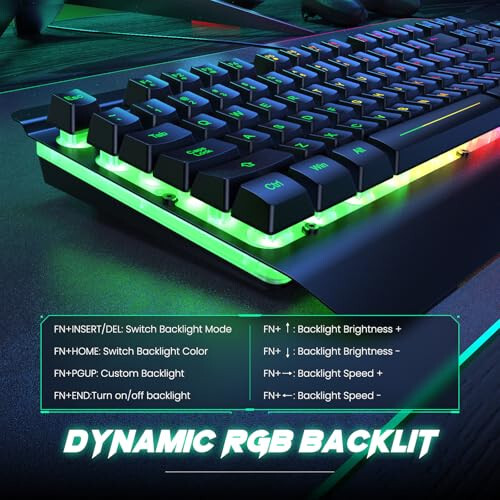 RisoPhy RGB Gaming Keyboard, 7 Single Color Backlits, 104 Keys Metal Panel Computer Keyboard,Silent Keys, Wrist Rest, Full Size Waterproof Light Up Wired Keyboard for PC Laptop Mac Gamer - 3