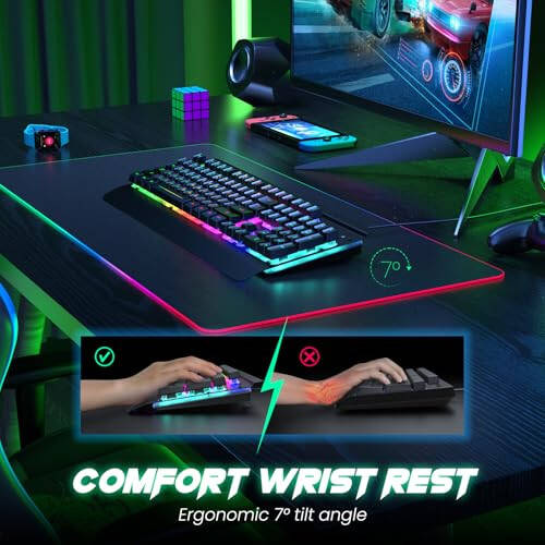 RisoPhy RGB Gaming Keyboard, 7 Single Color Backlits, 104 Keys Metal Panel Computer Keyboard,Silent Keys, Wrist Rest, Full Size Waterproof Light Up Wired Keyboard for PC Laptop Mac Gamer - 4