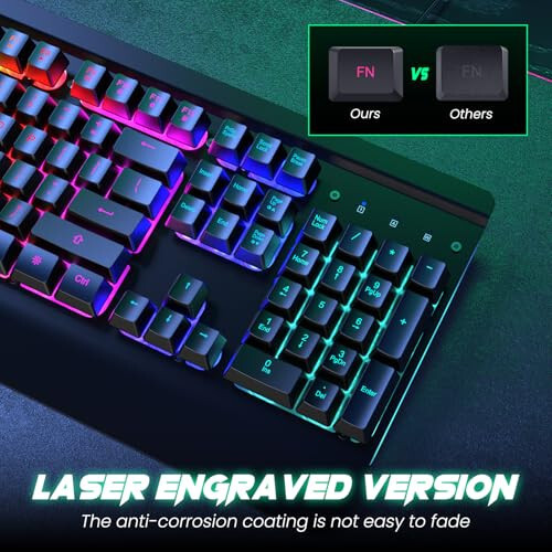 RisoPhy RGB Gaming Keyboard, 7 Single Color Backlits, 104 Keys Metal Panel Computer Keyboard,Silent Keys, Wrist Rest, Full Size Waterproof Light Up Wired Keyboard for PC Laptop Mac Gamer - 5