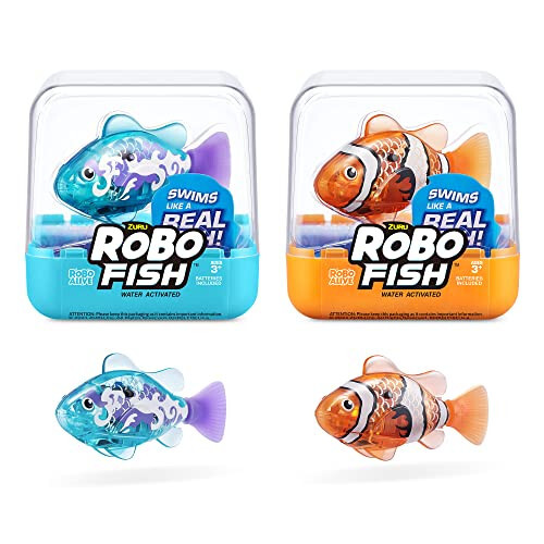 Robo Alive Robo Fish Robotic Swimming Fish (Teal + Orange) by ZURU Water Activated, Changes Color, Comes with Batteries, Amazon Exclusive (2 Pack) Series 3 - 1