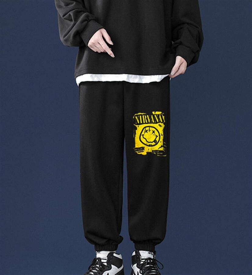 Rock Series Nirvana Smile Printed Oversize Unisex Black Sweatpants - 1