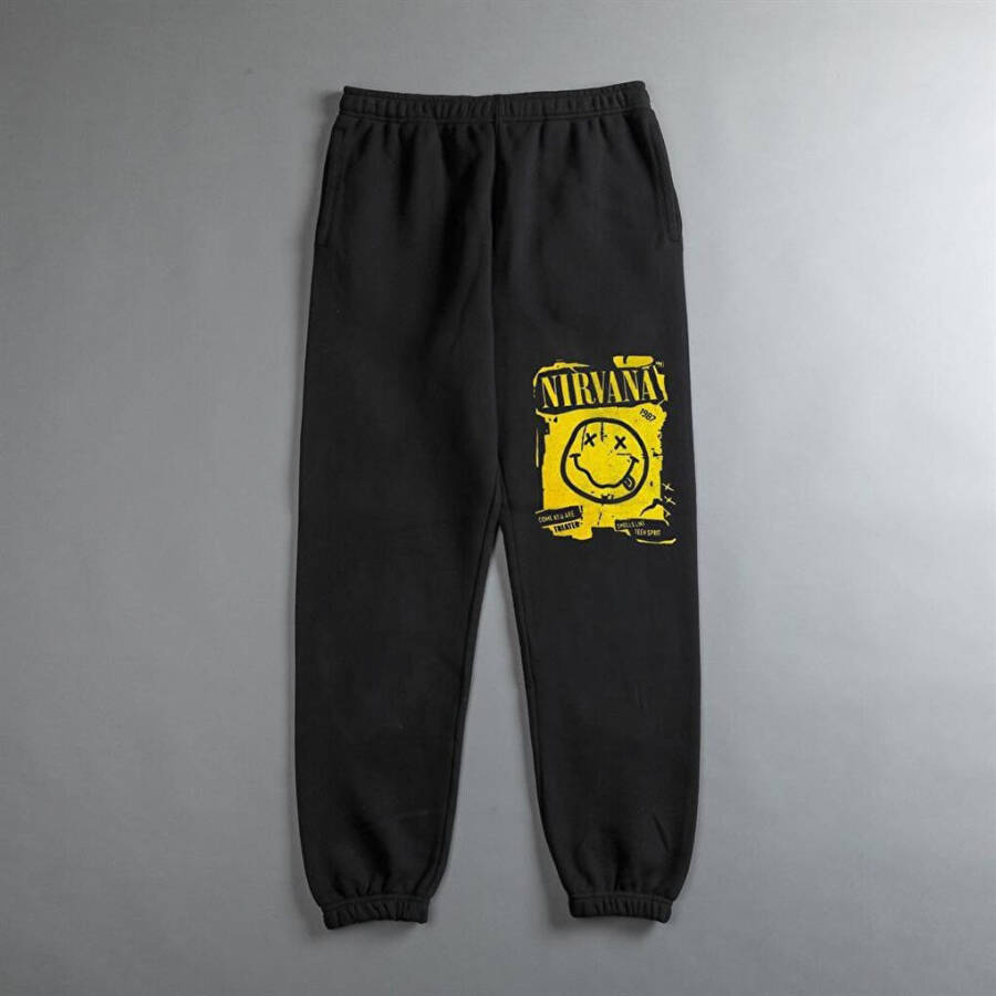 Rock Series Nirvana Smile Printed Oversize Unisex Black Sweatpants - 2