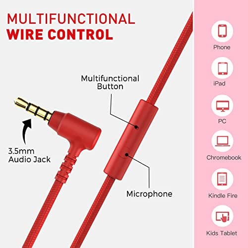 Rockpapa 950 Simli Quloqchinlar Bolalar Qizlar O'g'il Bolalar uchun Maktab Sinf Xonasi uchun Mikrofonli, Quloq Ustida Katlanadigan Simli Quloqchinlar 3.5 mm Jack bilan Noutbuk Kompyuter Planshet Chromebooklar uchun Qora Qizil - 4