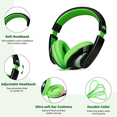 Rockpapa Comfort Kids Headphones for School, Lightweight Childrens Boys Girls Teens Over-Ear Headphones Wired 3.5mm for CD DVD Player Tablet Phone Travel Black/Green - 6