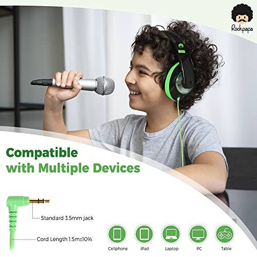 Rockpapa Comfort Kids Headphones for School, Lightweight Childrens Boys Girls Teens Over-Ear Headphones Wired 3.5mm for CD DVD Player Tablet Phone Travel Black/Green - 8