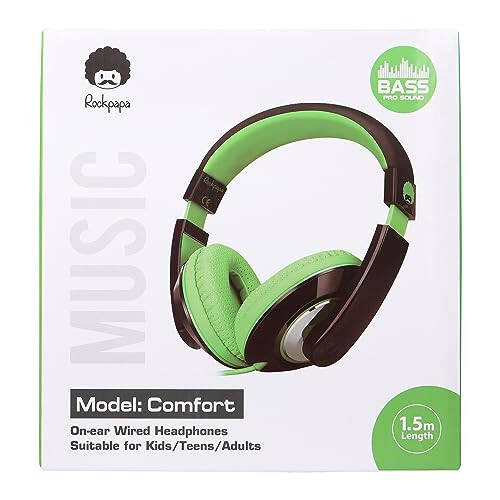 Rockpapa Comfort Kids Headphones for School, Lightweight Childrens Boys Girls Teens Over-Ear Headphones Wired 3.5mm for CD DVD Player Tablet Phone Travel Black/Green - 10