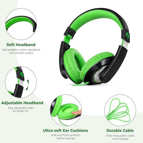 Rockpapa Comfort Kids Headphones for School, Lightweight Childrens Boys Girls Teens Over-Ear Headphones Wired 3.5mm for CD DVD Player Tablet Phone Travel Black/Green - 2