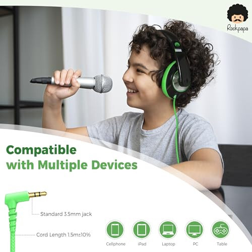 Rockpapa Comfort Kids Maktab uchun bolalar uchun quloqchinlar, yengil bolalar uchun o'g'il bolalar qizlar o'spirinlar quloq usti quloqchinlari simli 3.5 mm CD DVD pleer planshet telefon sayohat uchun qora / yashil - 4