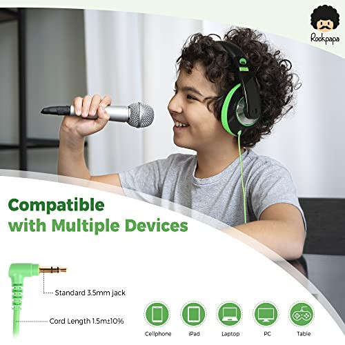 Rockpapa Konforlu Çocuk Kulaklıkları Okul İçin, Hafif Çocuk Erkek Kız Gençler Kulak Üstü Kulaklıklar Kablolu 3.5mm CD DVD Oynatıcı Tablet Telefon Seyahat İçin Siyah/Yeşil - 8