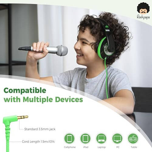 Rockpapa Konforlu Çocuk Kulaklıkları Okul İçin, Hafif Çocuk Erkek Kız Gençler Kulak Üstü Kulaklıklar Kablolu 3.5mm CD DVD Oynatıcı Tablet Telefon Seyahat İçin Siyah/Yeşil - 4