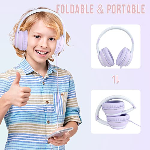 Rockpapa L22 Wired Headphones for Kids Girls Boys Women with Microphone, Foldable Stereo 3.5mm Corded Headphones for School Classroom Chromebooks Computer Laptop Phone Airplane (Purple) - 4