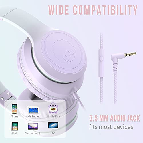 Rockpapa L22 Wired Headphones for Kids Girls Boys Women with Microphone, Foldable Stereo 3.5mm Corded Headphones for School Classroom Chromebooks Computer Laptop Phone Airplane (Purple) - 5