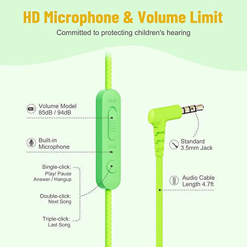 Rockpapa Share 1 Çocuk Kulaklıkları Kablolu Mikrofonlu ve Paylaşım Bağlantılı, 85dB/94dB Ses Sınırı, Sevimli Katlanabilir Öğrenci Çocuk Erkek Kız Kulaklıkları Okul/Sınıf/Seyahat İçin Yeşil/Sarı - 4