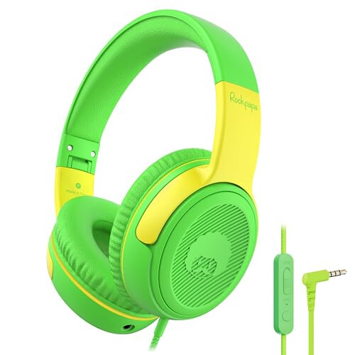 Rockpapa Share 1 Kids Headphones Wired with Microphone & Share Port, 85dB/94dB Volume Limited, Cute Foldable Student Child Boys Girls Headphones for School/Classroom/Travel Green/Yellow - 1