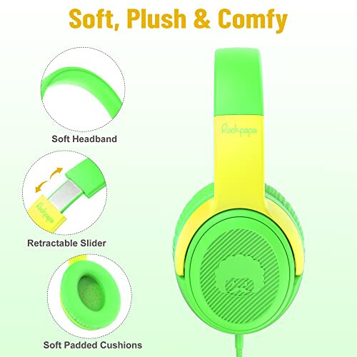 Rockpapa Share 1 Kids Headphones Wired with Microphone & Share Port, 85dB/94dB Volume Limited, Cute Foldable Student Child Boys Girls Headphones for School/Classroom/Travel Green/Yellow - 2