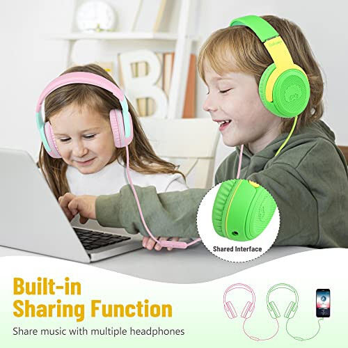 Rockpapa Share 1 Kids Headphones Wired with Microphone & Share Port, 85dB/94dB Volume Limited, Cute Foldable Student Child Boys Girls Headphones for School/Classroom/Travel Green/Yellow - 3