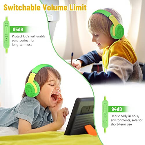 Rockpapa Share 1 Kids Headphones Wired with Microphone & Share Port, 85dB/94dB Volume Limited, Cute Foldable Student Child Boys Girls Headphones for School/Classroom/Travel Green/Yellow - 5