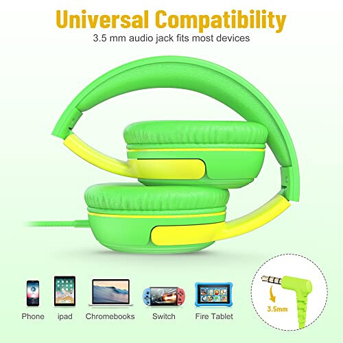 Rockpapa Share 1 Kids Headphones Wired with Microphone & Share Port, 85dB/94dB Volume Limited, Cute Foldable Student Child Boys Girls Headphones for School/Classroom/Travel Green/Yellow - 6