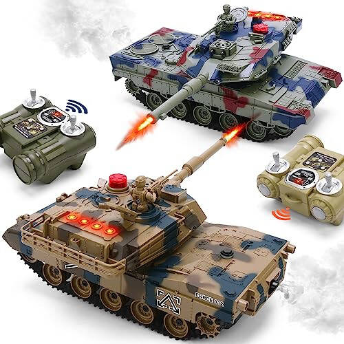 ROGALALY RC Tank Set, 1/24 Scale RC Army Battle Tanks with Life Indicators and Spray, 35 Mins Playtime Remote Control Military Toys, Set of 2 RC Vehicles for Kids and Adults - 1