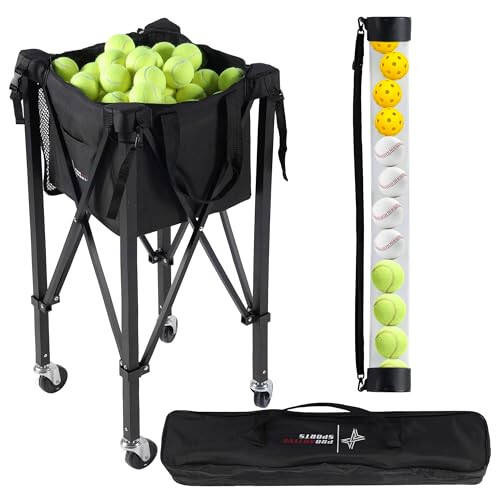 Rolling Cart for Tennis Balls - Tennis & Pickleball Caddy with Pickup Tube - Collapsible Metal Frame with Wheels & Carry Case - Detachable Zipper Bag Holds 120 Tennis Balls or 100 Pickle Ball Balls - 1