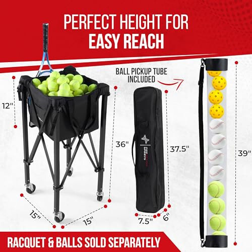 Rolling Cart for Tennis Balls - Tennis & Pickleball Caddy with Pickup Tube - Collapsible Metal Frame with Wheels & Carry Case - Detachable Zipper Bag Holds 120 Tennis Balls or 100 Pickle Ball Balls - 8