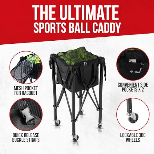 Rolling Cart for Tennis Balls - Tennis & Pickleball Caddy with Pickup Tube - Collapsible Metal Frame with Wheels & Carry Case - Detachable Zipper Bag Holds 120 Tennis Balls or 100 Pickle Ball Balls - 9