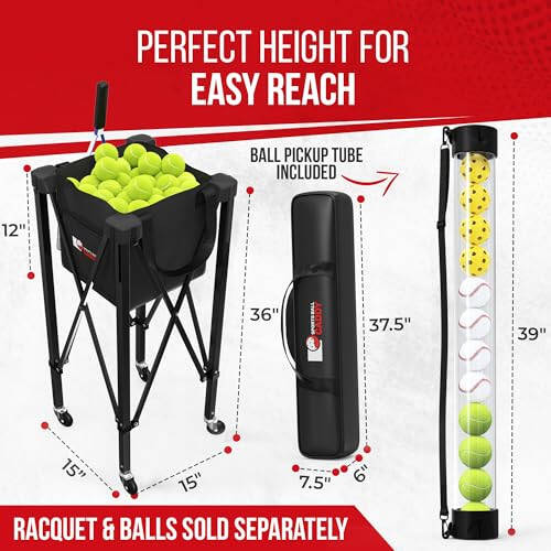 Rolling Cart for Tennis Balls - Tennis & Pickleball Caddy with Pickup Tube - Collapsible Metal Frame with Wheels & Carry Case - Detachable Zipper Bag Holds 120 Tennis Balls or 100 Pickle Ball Balls - 3