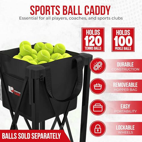 Rolling Cart for Tennis Balls - Tennis & Pickleball Caddy with Pickup Tube - Collapsible Metal Frame with Wheels & Carry Case - Detachable Zipper Bag Holds 120 Tennis Balls or 100 Pickle Ball Balls - 5