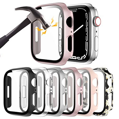 Rontion 6 Pack Hard PC Case for Apple Watch 44mm SE(2022) Series 6/SE/5/4 with Tempered Glass Screen Protector, Ultra-Thin Scratch Resistant Full Protective Bumper Cover for iWatch 44mm Accessories - 1